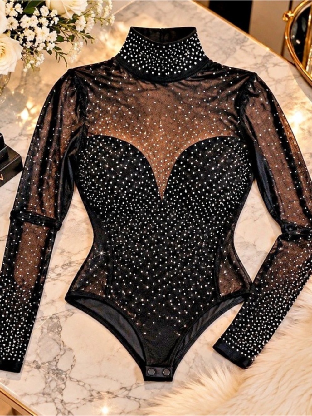 Black Rhinestone Long Sleeve Bodysuit